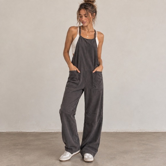 oufeiya Pants - Oufeiya Charcoal Gray Wide Leg Overalls Adjustable Straps Drop Crotch Jumpsuit M